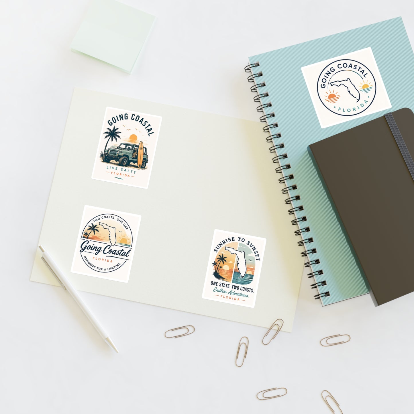 Going Coastal Vintage Sticker Sheet — "Going Coastal" Beach Travel Decals (Florida Palm, Surf, Sunset)