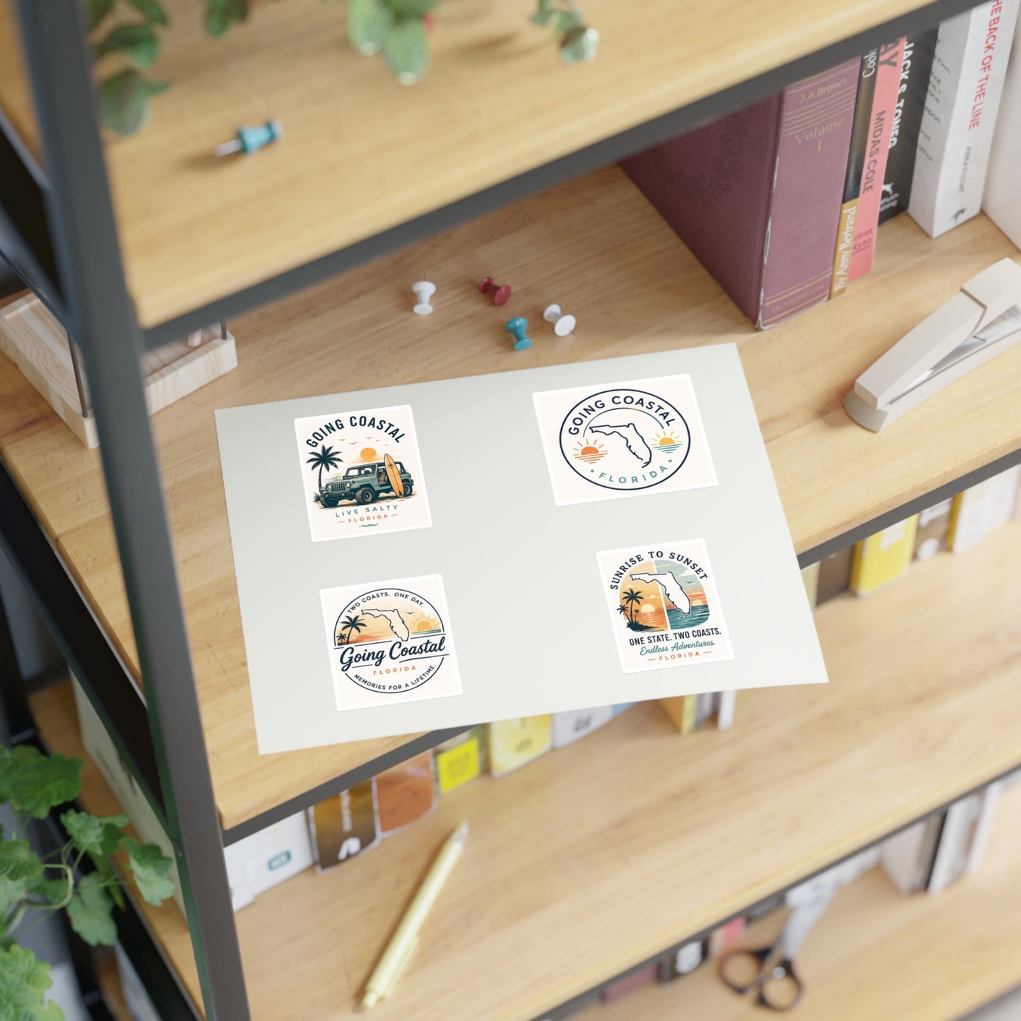 Going Coastal Vintage Sticker Sheet — "Going Coastal" Beach Travel Decals (Florida Palm, Surf, Sunset)