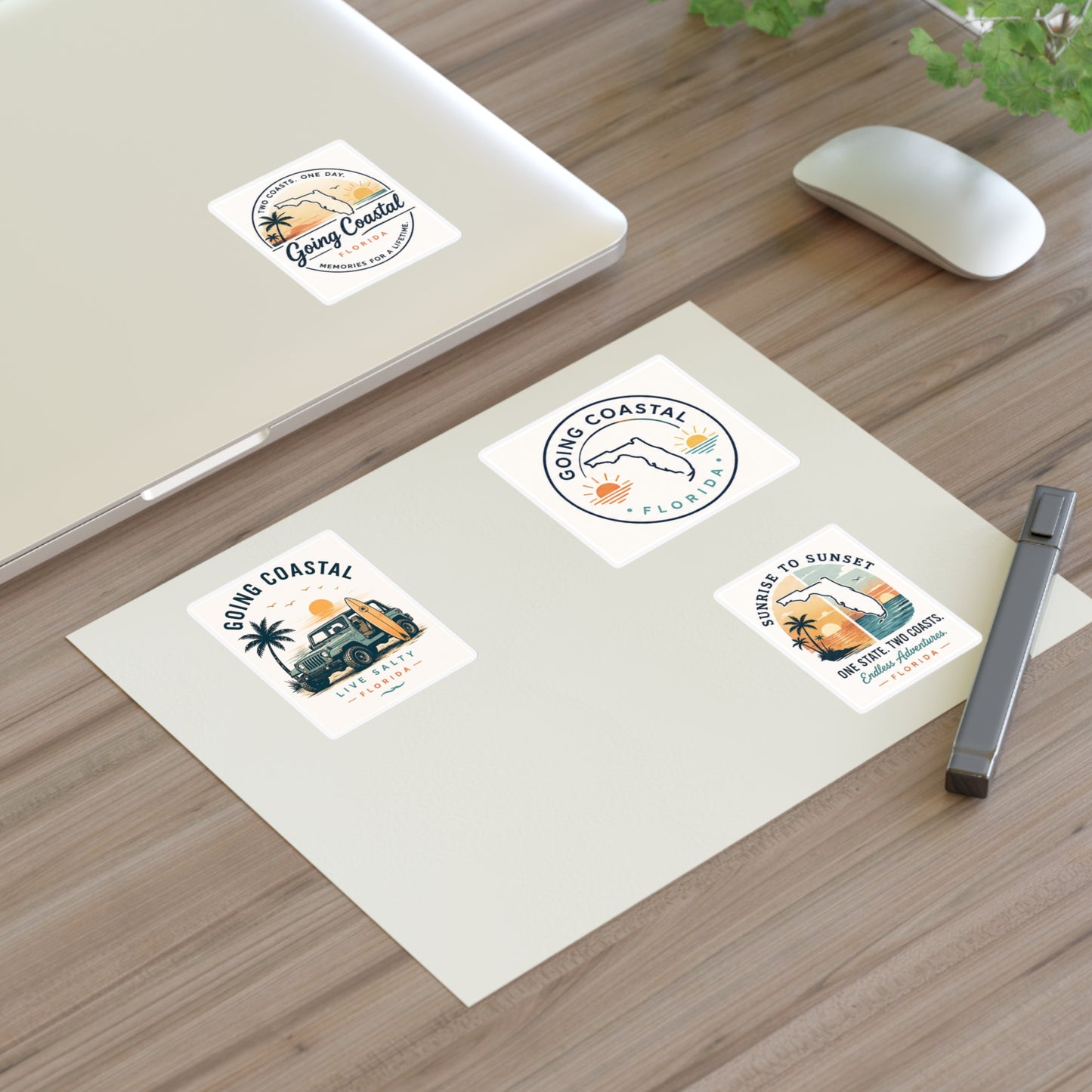 Going Coastal Vintage Sticker Sheet — "Going Coastal" Beach Travel Decals (Florida Palm, Surf, Sunset)