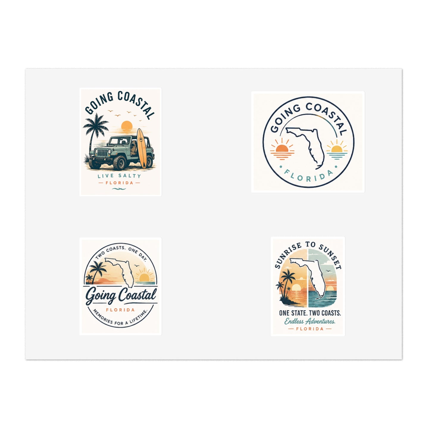 Going Coastal Vintage Sticker Sheet — "Going Coastal" Beach Travel Decals (Florida Palm, Surf, Sunset)