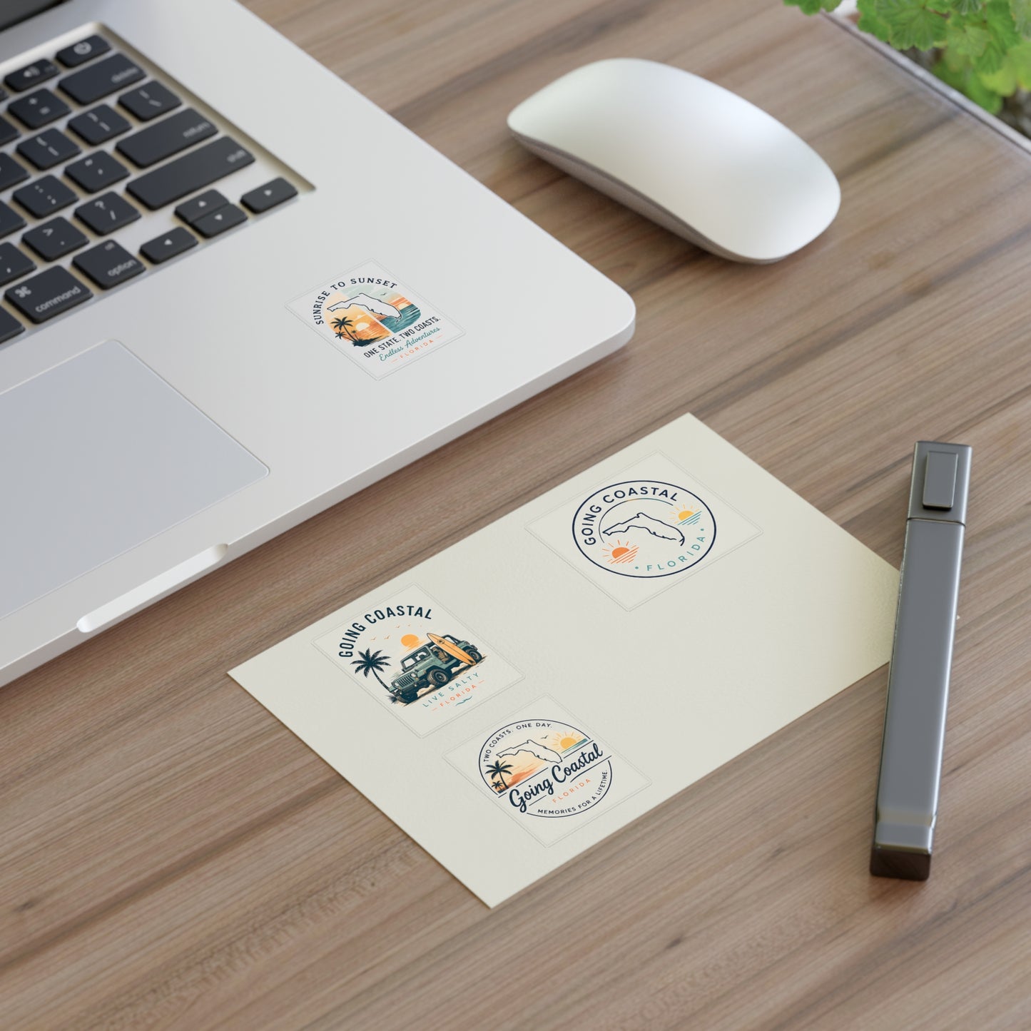 Going Coastal Vintage Sticker Sheet — "Going Coastal" Beach Travel Decals (Florida Palm, Surf, Sunset)