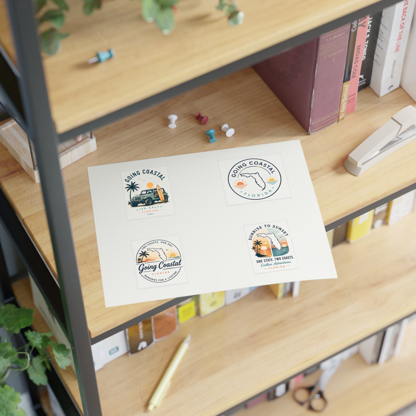 Going Coastal Vintage Sticker Sheet — "Going Coastal" Beach Travel Decals (Florida Palm, Surf, Sunset)
