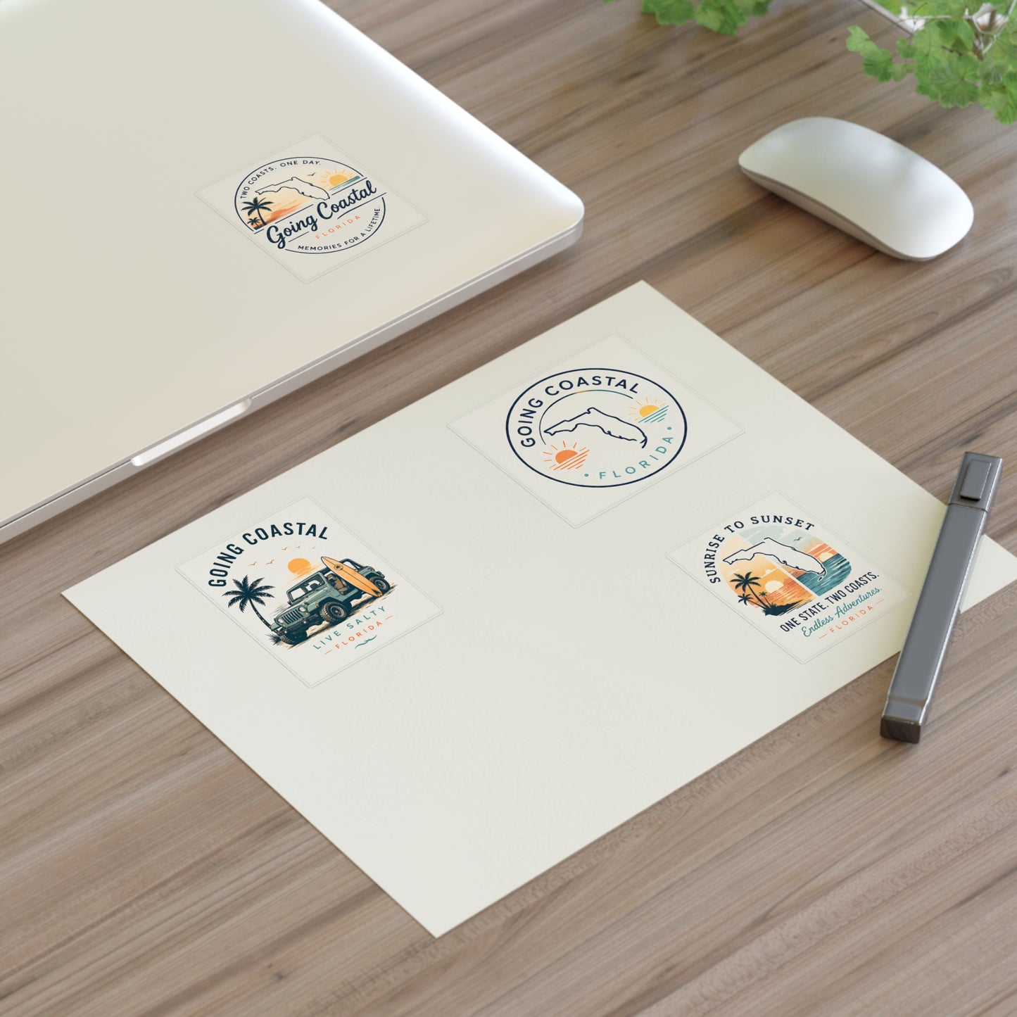 Going Coastal Vintage Sticker Sheet — "Going Coastal" Beach Travel Decals (Florida Palm, Surf, Sunset)