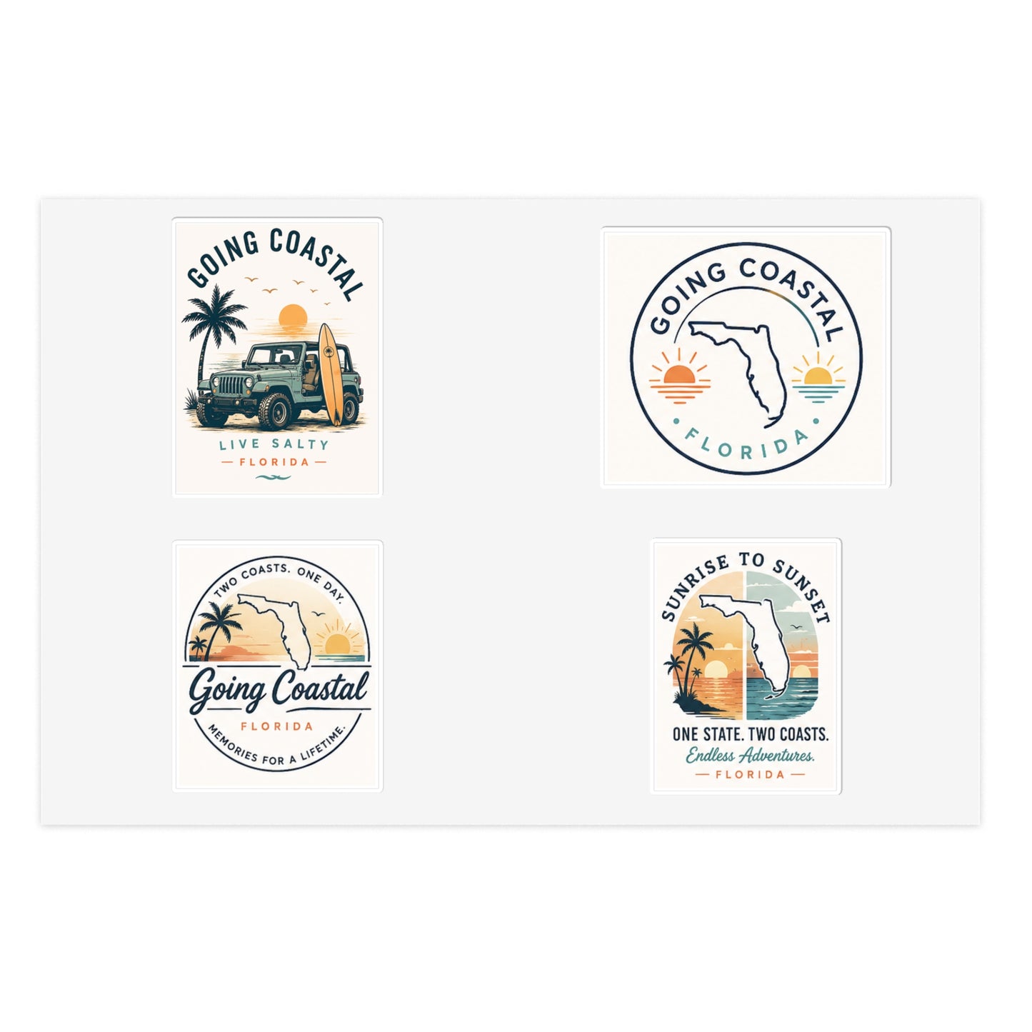 Going Coastal Vintage Sticker Sheet — "Going Coastal" Beach Travel Decals (Florida Palm, Surf, Sunset)