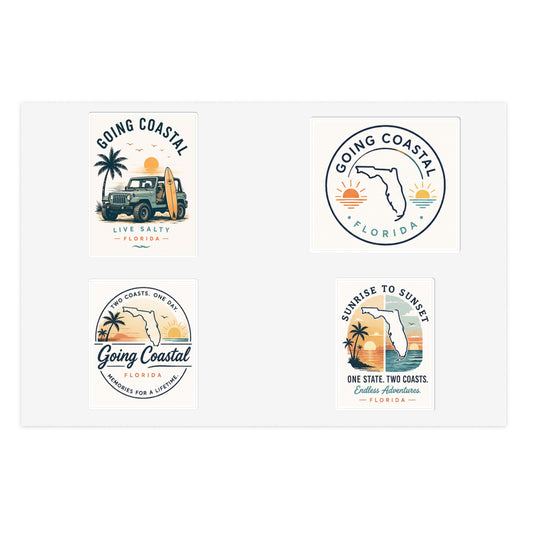 Going Coastal Vintage Sticker Sheet — "Going Coastal" Beach Travel Decals (Florida Palm, Surf, Sunset)