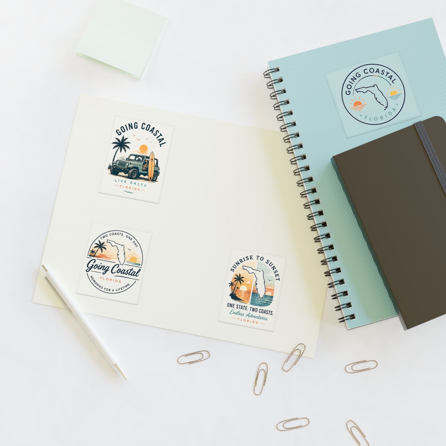 Going Coastal Vintage Sticker Sheet — "Going Coastal" Beach Travel Decals (Florida Palm, Surf, Sunset)