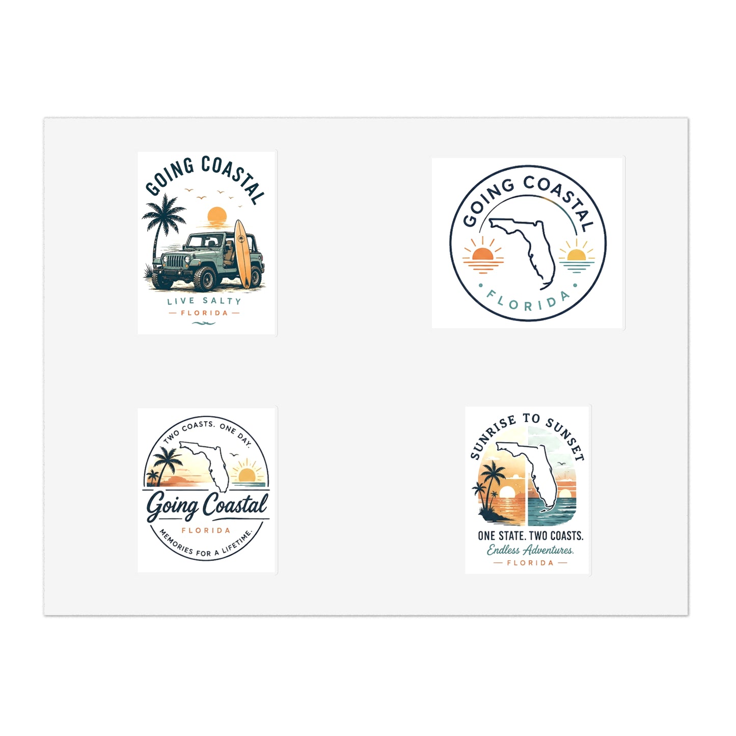 Going Coastal Vintage Sticker Sheet — "Going Coastal" Beach Travel Decals (Florida Palm, Surf, Sunset)