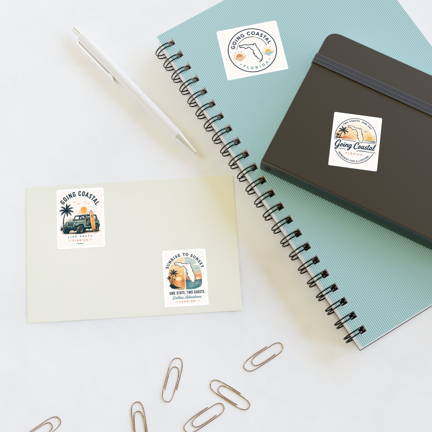 Going Coastal Vintage Sticker Sheet — "Going Coastal" Beach Travel Decals (Florida Palm, Surf, Sunset)